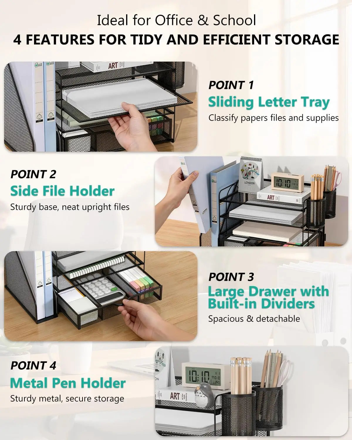 Desk File Organizer | 4-Tier Letter Tray System | Drawer And Pen Holders | Metal