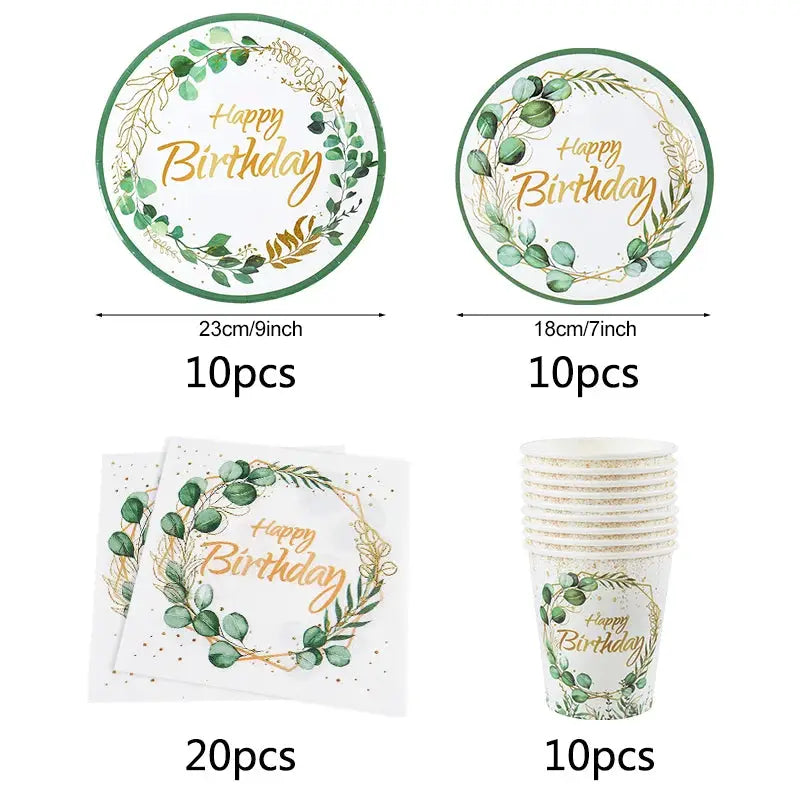 Eucalyptus Leaf Tableware Set | Paper Plate Cups Napkins | Kids And Adults Party Supplies