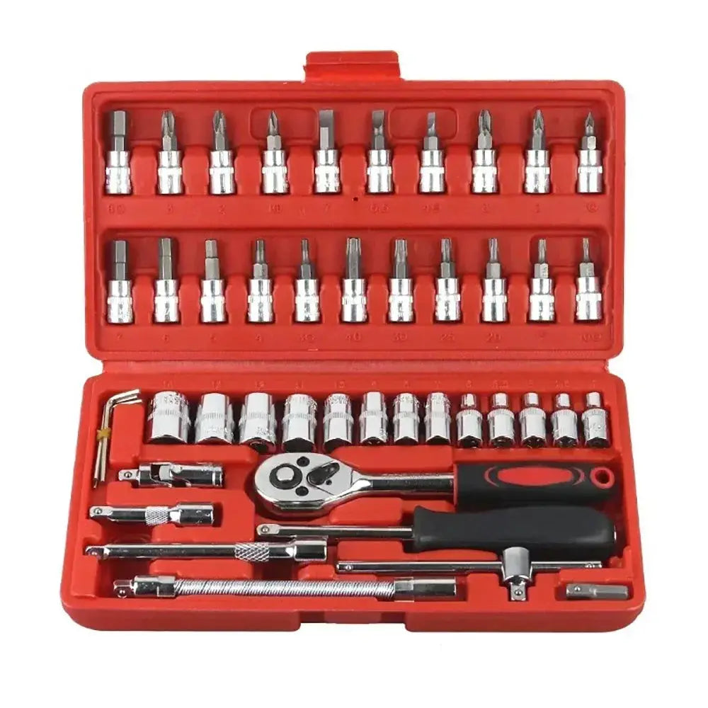 46PCS Motorcycle Toolbox Set Drive Socket Ratchet Wrench Set Complete Car Repairing Kit For Auto And Bicycle Maintenance Tools from PriceLows™