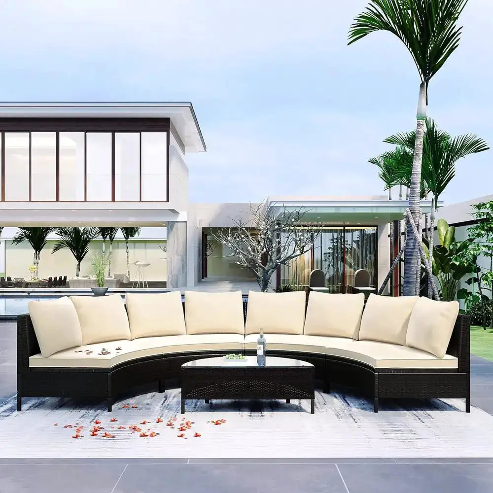 All-Weather Brown PE Rattan Half-Moon Sofa Set with Tempered Glass Table, Outdoor Patio Sectional Furniture for Garden and Pools from PriceLows™