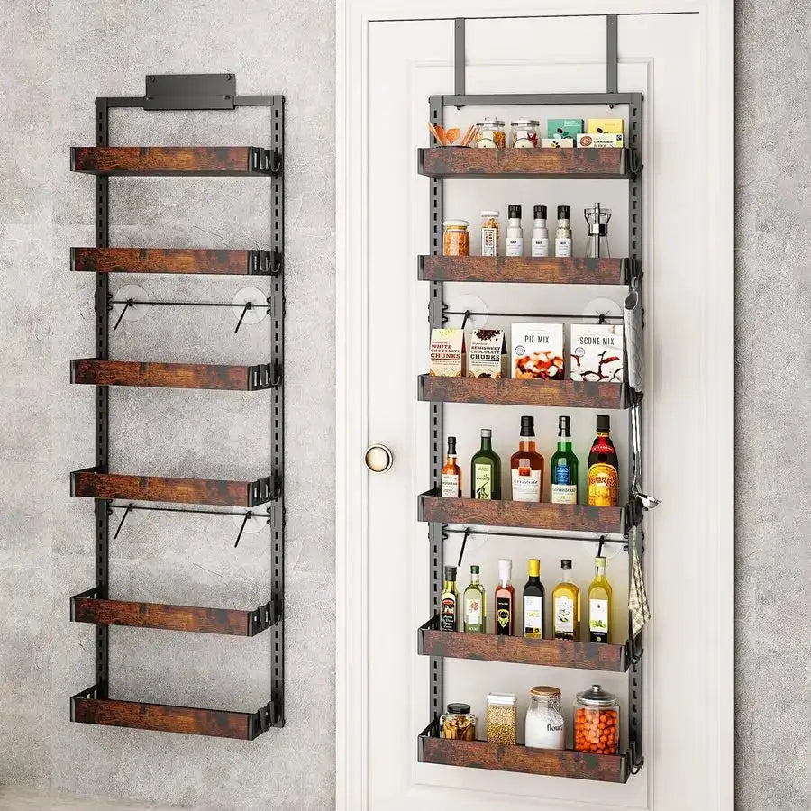 Over the Door Pantry Organizer, 6Tier Adjustable Wooden Basket Kitchen Pantry Door Organization and Storage, HeavyDuty Metal Han from PriceLows™