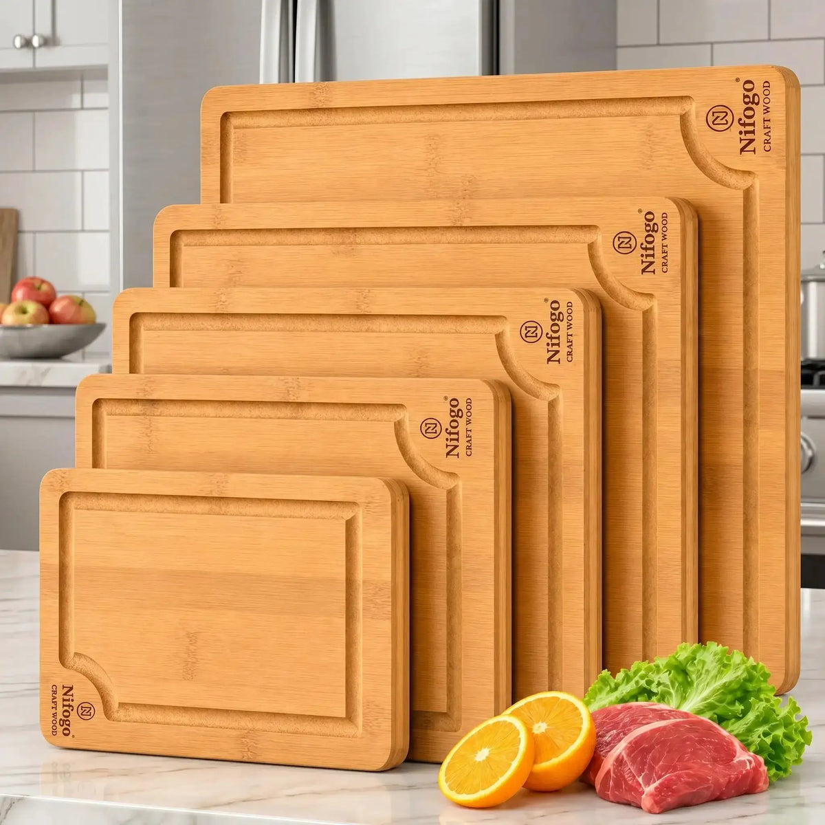 Bamboo Cutting Boards 5 Piece Set (S/M/L) with Juice Grooves & Non Slip Handles | 5-Piece | Bamboo | Serveware