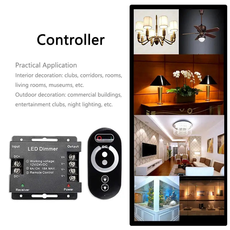 RF LED Single Color Strip Light Controller 12V 24V DC 18A 1 Channel PWM Lamp Signal Dimmer Full Touch Wireless Remote Control from PriceLows™