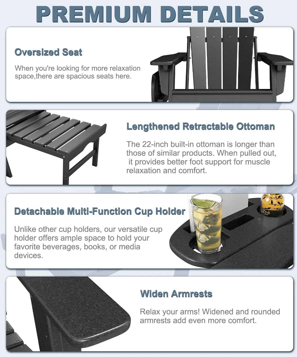 NAVINE 2pcs Adjustable Adirondack Chair Retractable Ottoman Footrest HDPE Folding Cup Holder All Weather Outdoor Patio Fire Pit from PriceLows™