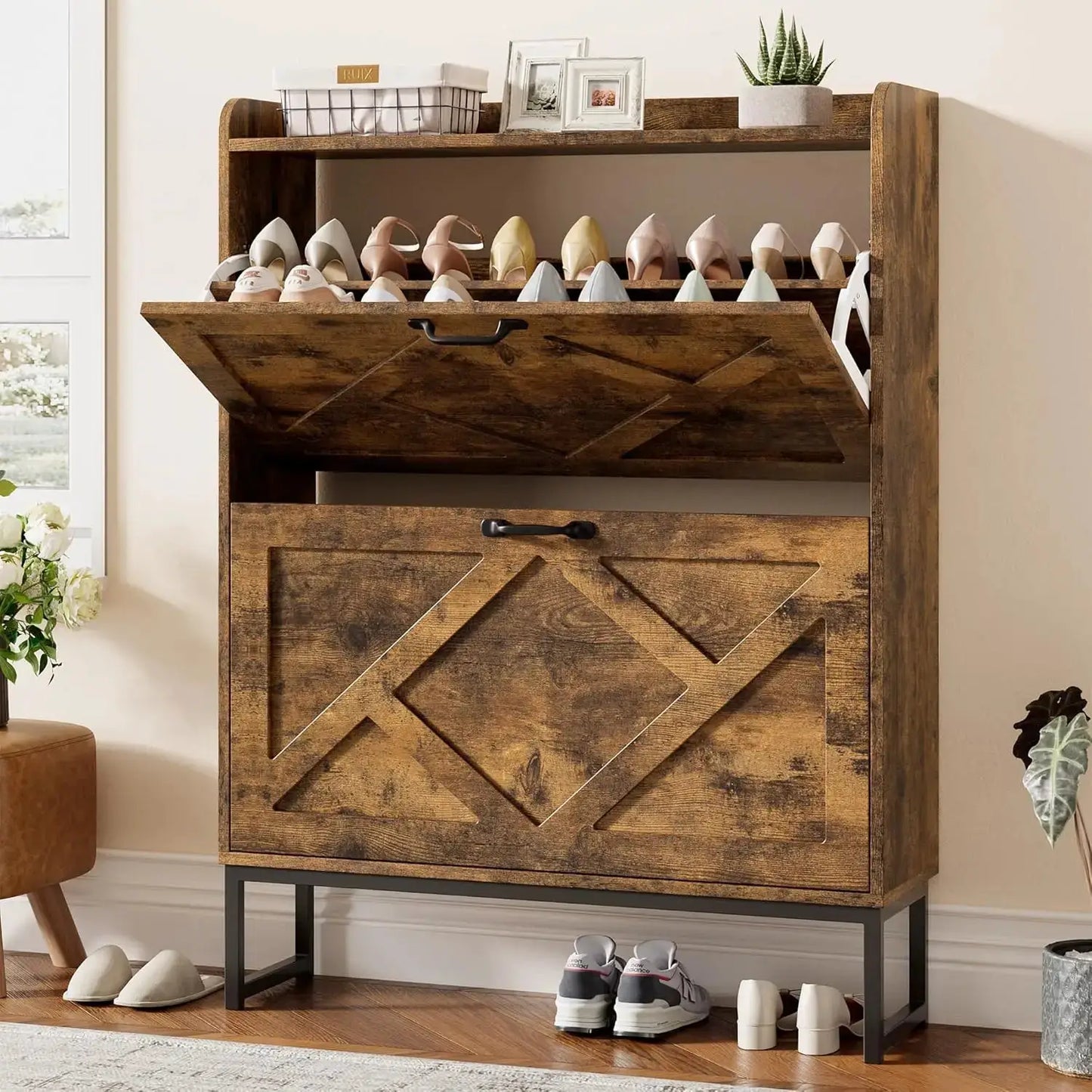 Shoe Cabinet Organizer with 2 Flip Drawers, Narrow Storage Rack with Metal Legs, Slim Entryway Furniture, Rustic Brown from PriceLows™