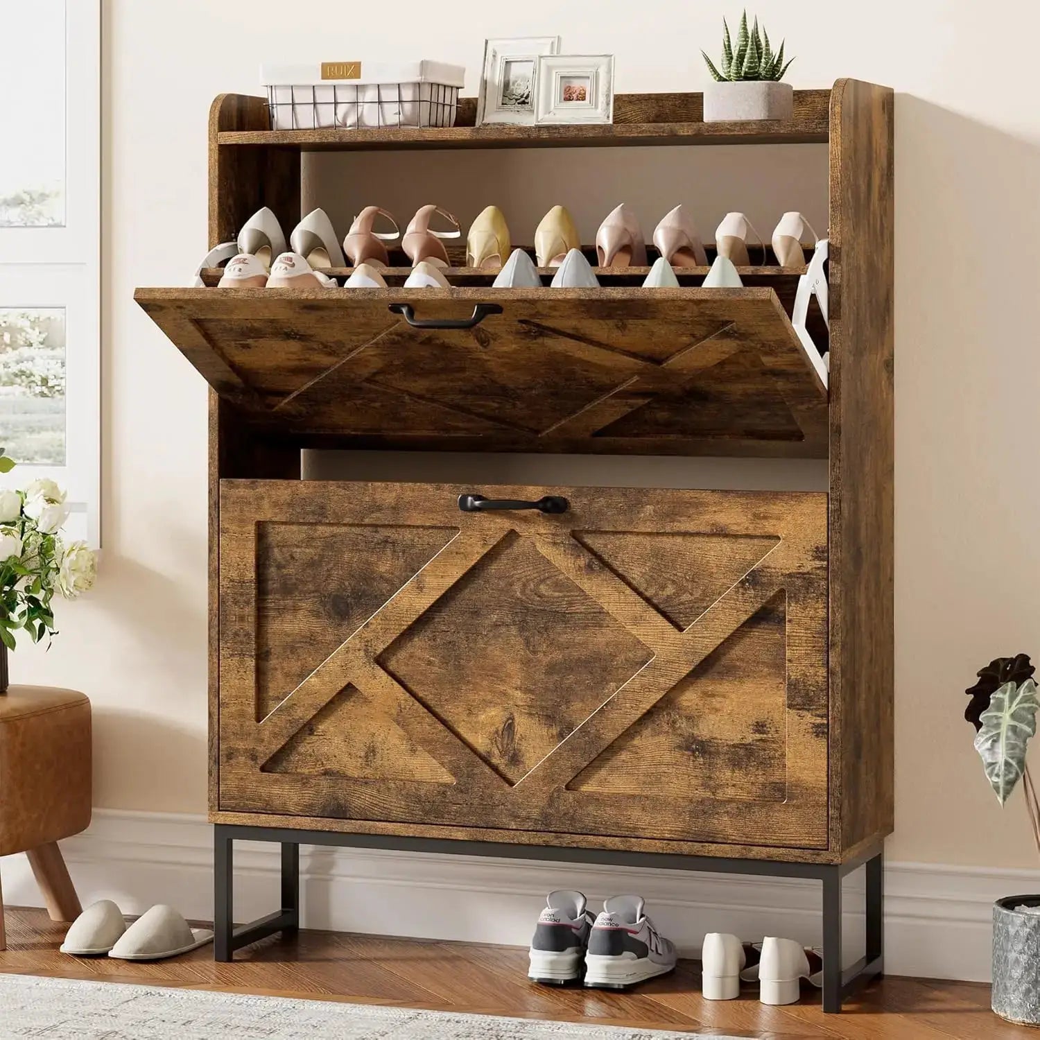 Shoe Cabinet Organizer with 2 Flip Drawers, Narrow Storage Rack with Metal Legs, Slim Entryway Furniture, Rustic Brown from PriceLows™