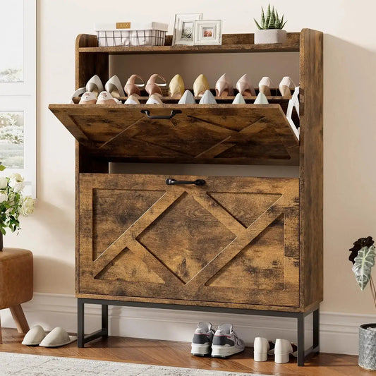 Shoe Cabinet Organizer with 2 Flip Drawers, Narrow Storage Rack with Metal Legs, Slim Entryway Furniture, Rustic Brown from PriceLows™