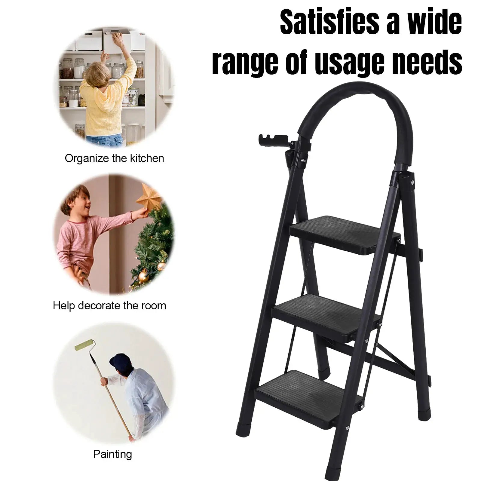 3 Step Folding Ladder Sturdy Steel Ladder 330lbs Capacity Sturdy& Portable Stepping Stools for RV Attic Daily Use at Home from PriceLows™