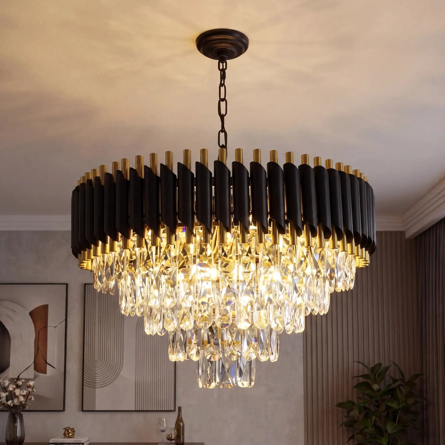 Modern Black & Gold Crystal Chandelier, Dimmable 5-Tier Round K9 Crystal Chandelier for Kitchen Island/Living Room/Bedroom from PriceLows™