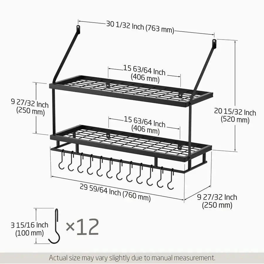 30Inch Kitchen Pot Rack Mounted Hanging Rack for Kitchen Storage and Organization Matte Black 2Tier Wall Shelf with Guard Rail f from PriceLows™
