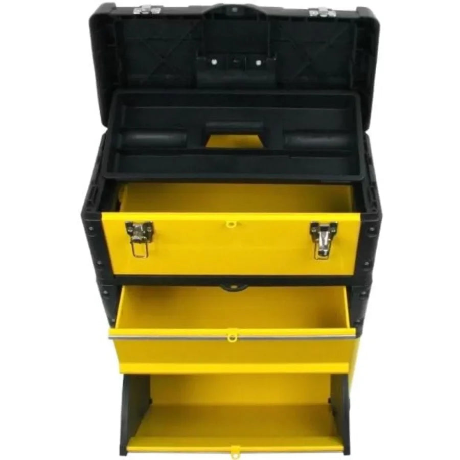 Portable Tool Box on Wheels - Stackable 3-in-1 Chest for Workshops and Craft Rooms - Foldable Comfort Handle and Latches in Bla from PriceLows™