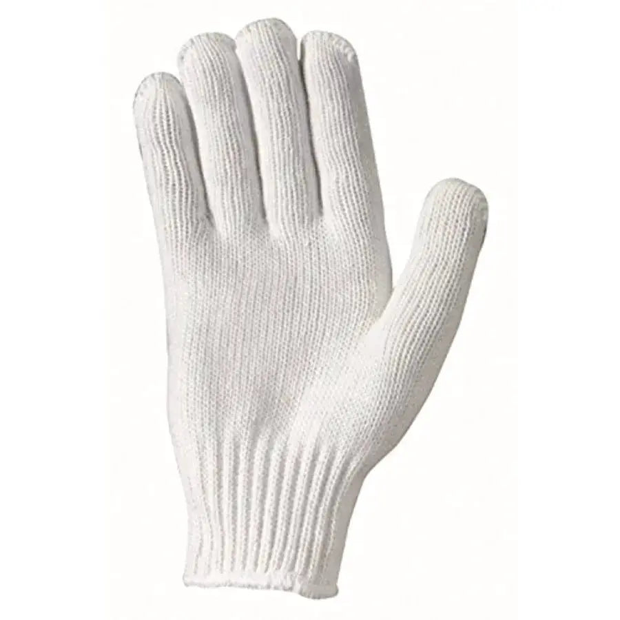 Polyester work gloves for industrial use, string knit material, white color, breathable and durable 3 pair pack from PriceLows™