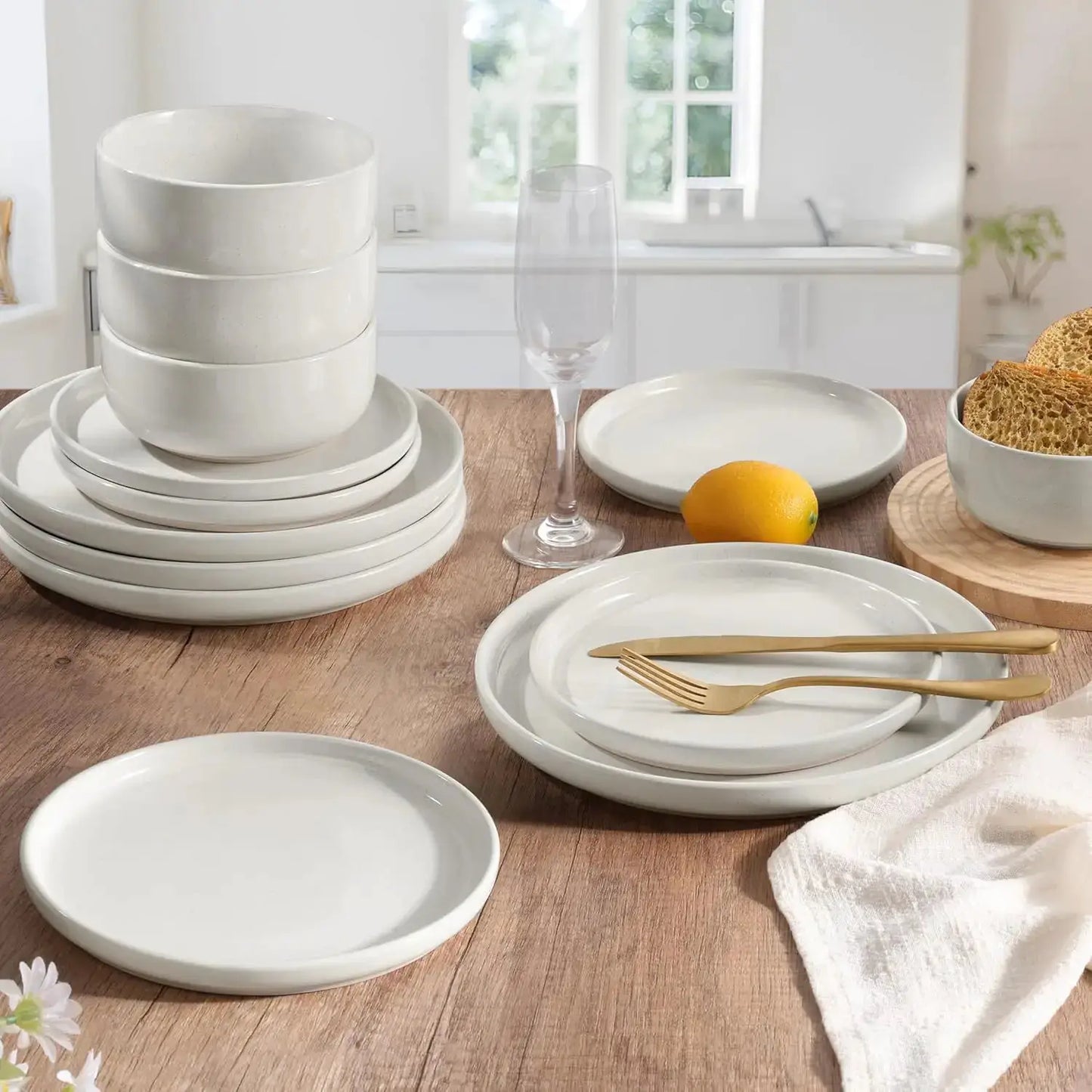 Stoneware Dinnerware Sets, 12-Piece Plates and Bowls Set for 4, Dishes Set for Home Restaurant, Speckled Milky White from PriceLows™