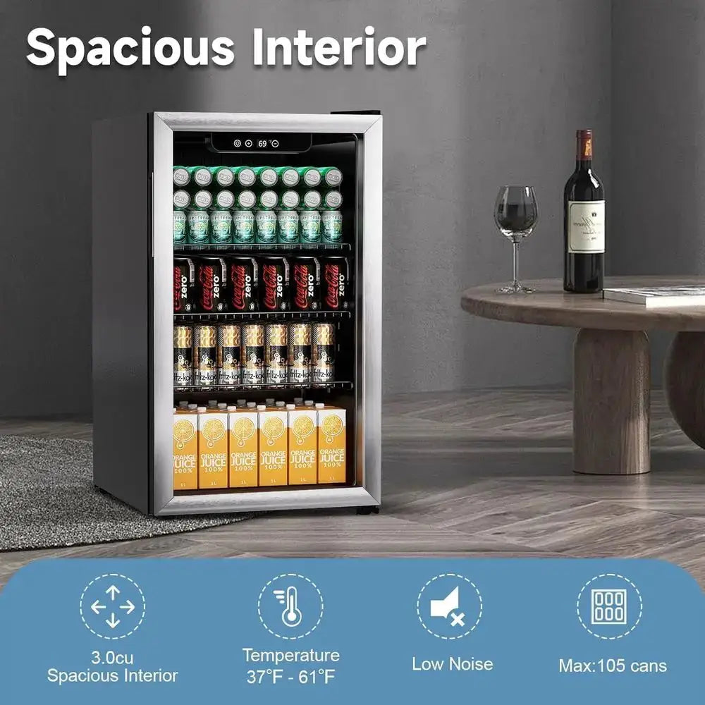Compact 3.0 Cu. Ft. Beverage Refrigerator with Glass Door, Adjustable Shelves, and Temperature Control for Soda, Beer, or Wine from PriceLows™