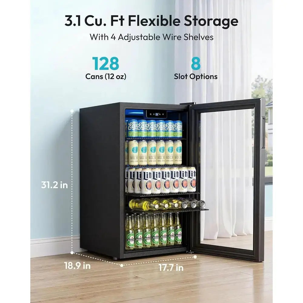 Glass Door Mini Fridge, 128-Can Capacity, Adjustable Shelves for Beverages, Ideal for Home, Bar, Office, Silver from PriceLows™