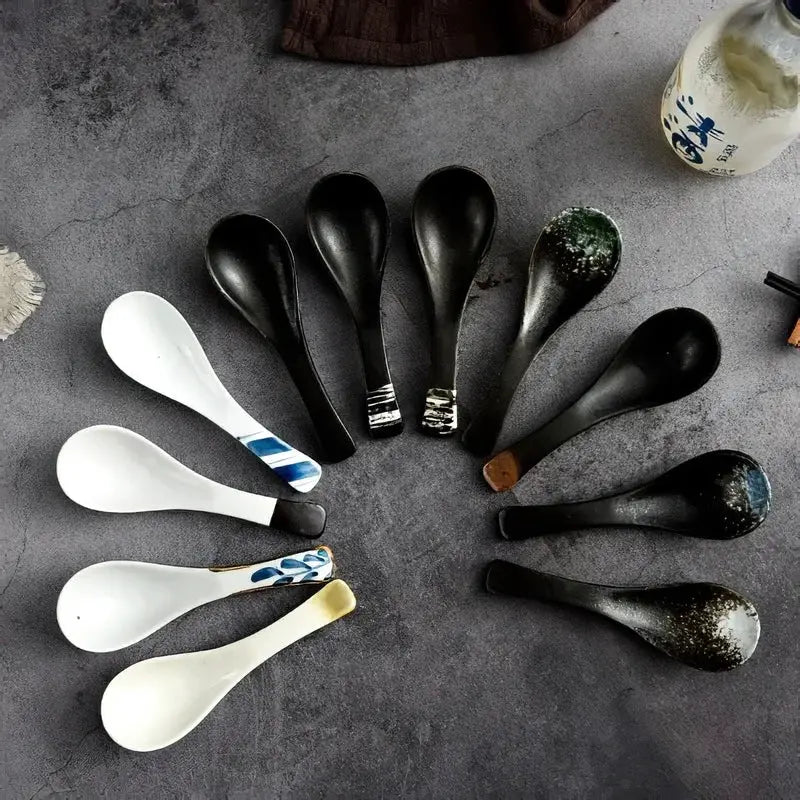 Ceramic Spoon Japanese Retro Bone China Green Black 14.5*4.5cm Rice Scoop Tableware Household Kitchen Supplies Dinnerware from PriceLows™