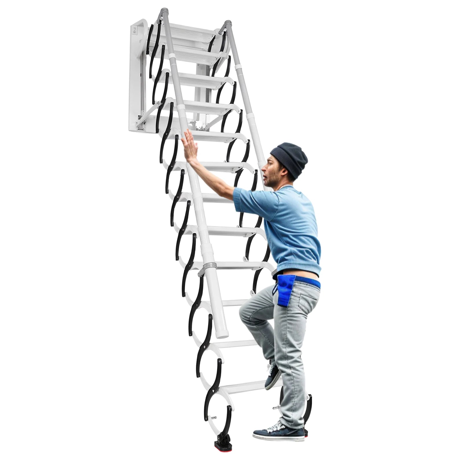 11 Steps Wall-Mounted Folding Steel Attic Ladder with 2Handrails Telescopic Attic Ladder Retractable Loft Ladder for Home Indoor from PriceLows™