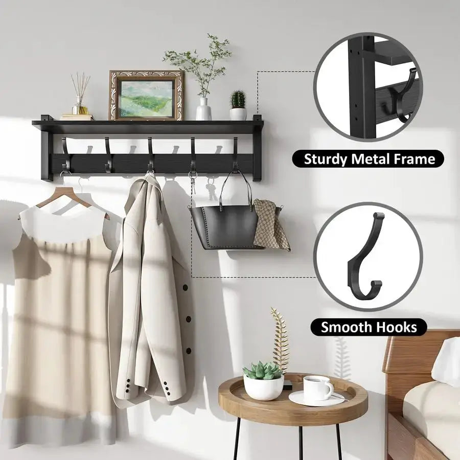 Coat Rack Wall Mount with Shelf, 24 Inch Coat Hanger Walls Mounted, Hat Rack for Walls, Shelf with 5 Coat Hooks, Wall Hanger for from PriceLows™