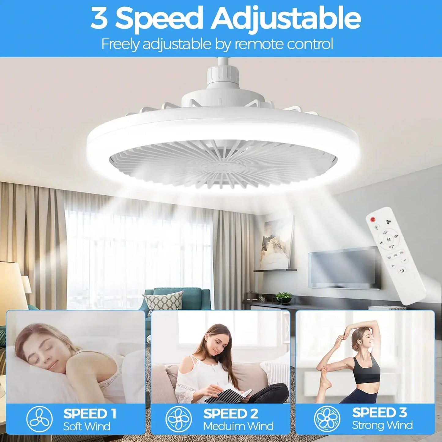 Ceiling Fan With Light | E27 Socket | 3 Fan Speeds | 3 Light Colors