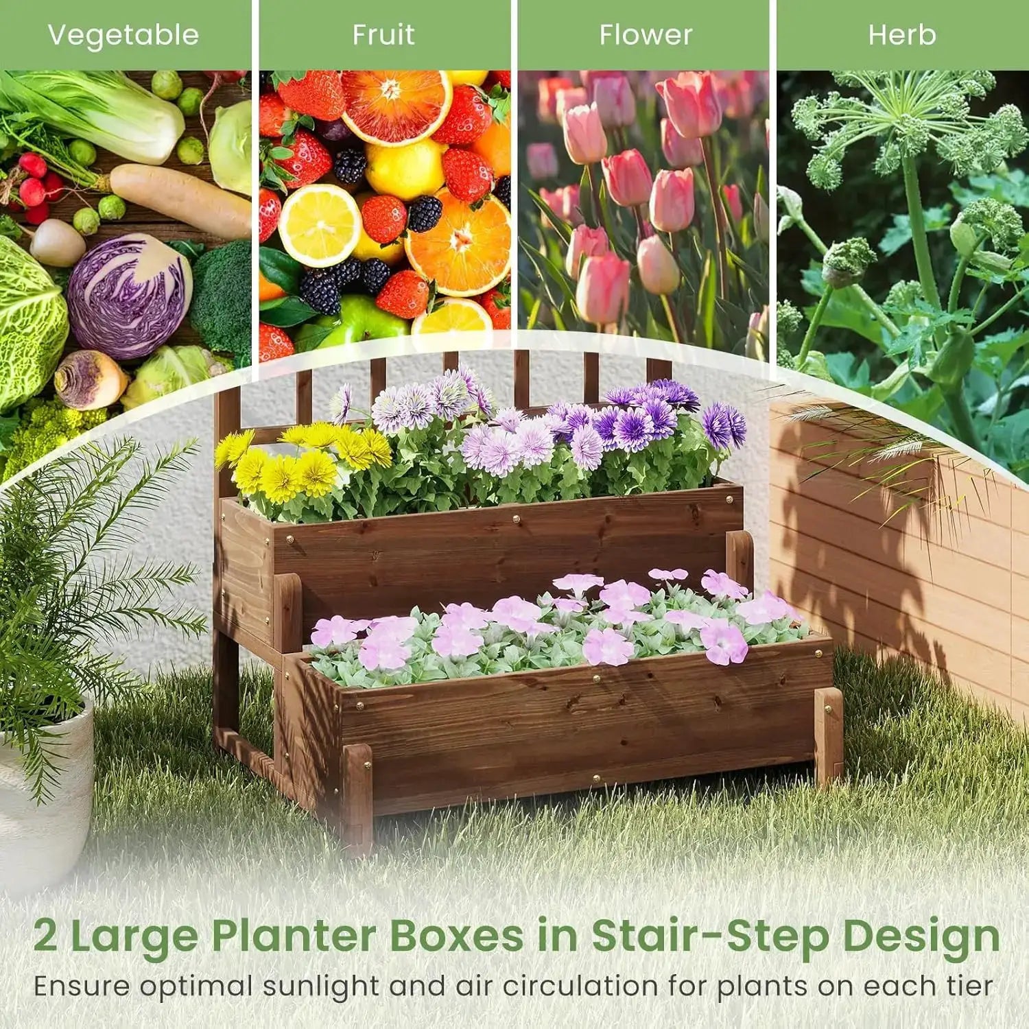 Outdoor Raised Garden Bed, Garden Planter Box with Lattice Trellis, Legs & Drainage Hole, 2-Tier Standing Elevated Plant from PriceLows™