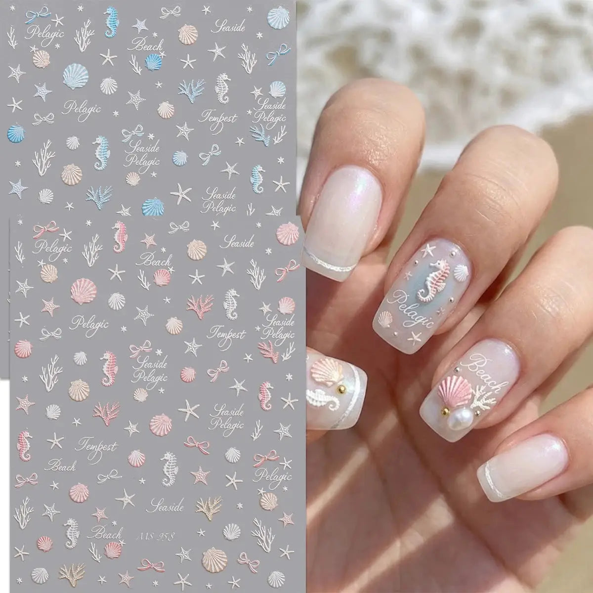 Aurora Ocean Shell Nail Stickers - Summer Beach 3D Relief Sea Star Seahorse Decals - Spring Vacation Nail Tech Supplies from PriceLows™