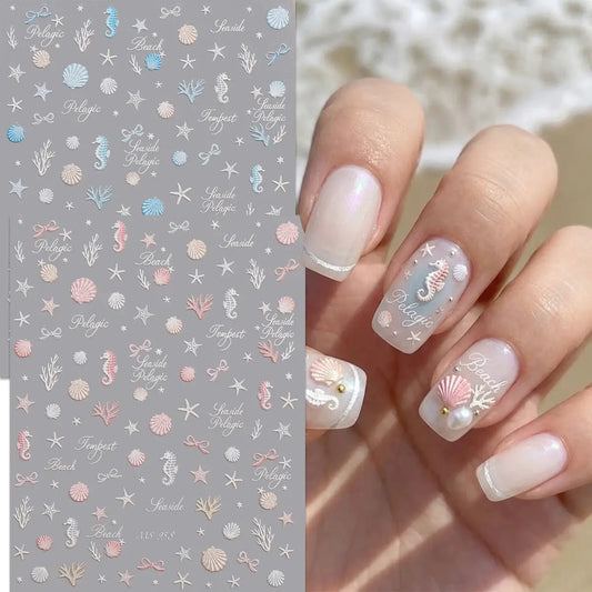 Aurora Ocean Shell Nail Stickers - Summer Beach 3D Relief Sea Star Seahorse Decals - Spring Vacation Nail Tech Supplies from PriceLows™