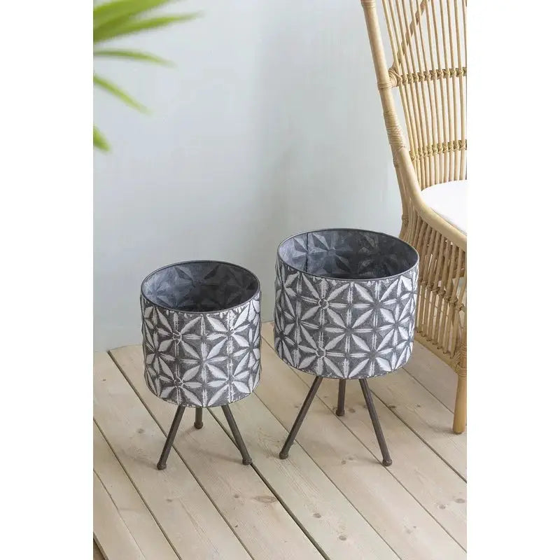 Set of 2 Round Galvanized Metal Planters Stand, Farmhouse Style from PriceLows™