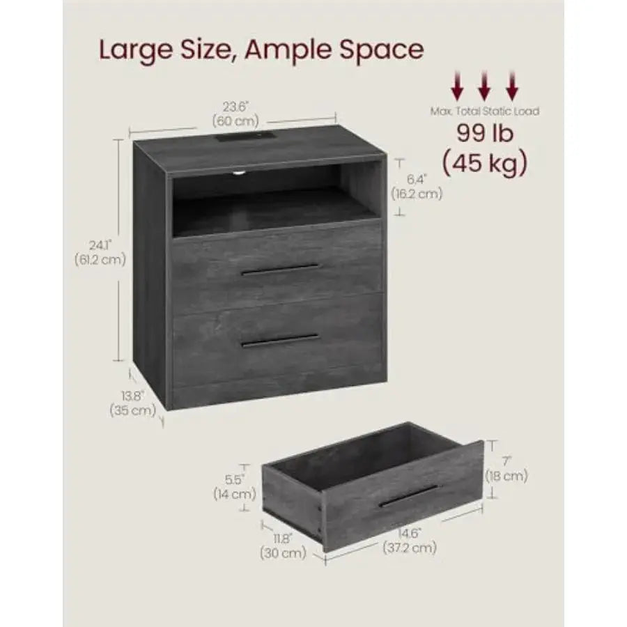 Custos Collection - 23.6 Inch Wide Nightstand with Charging Station, LED Lights, Night Stand, Side End Table with Drawers, Open from PriceLows™