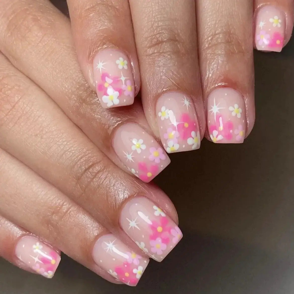 Short Almond Press On Nails | Pink Floral French | Reusable Full Cover | 24 Pcs