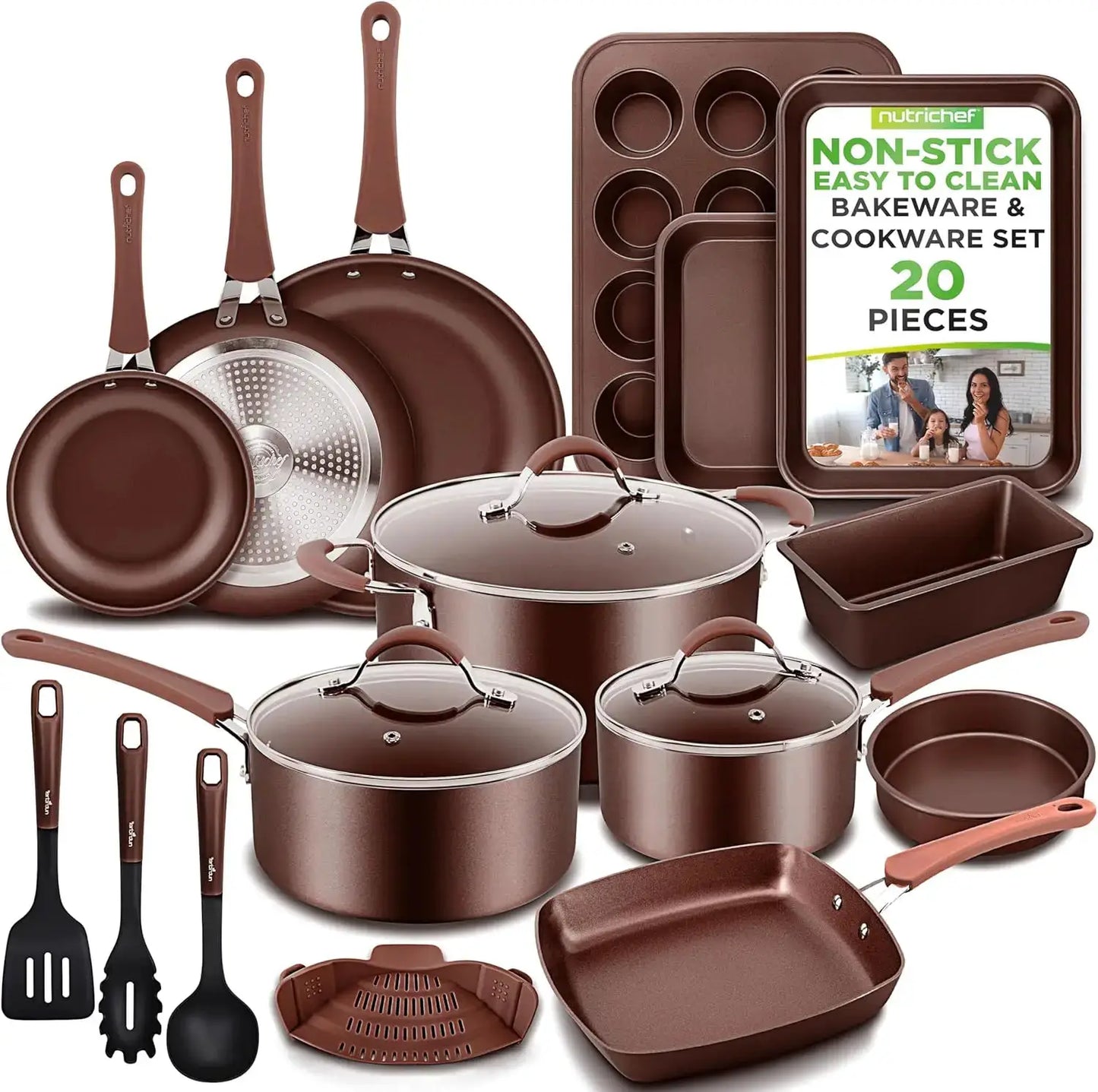 20 Piece Nonstick Cookware Set, Pots and Pans, Cool-Touch Handles, Induction Compatible, Easy Clean, Brown from PriceLows™