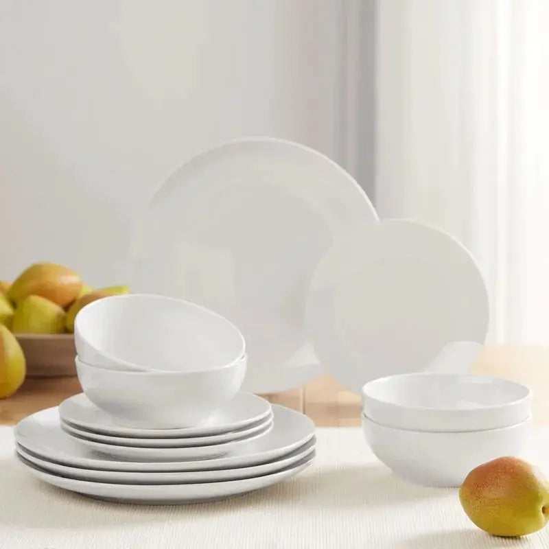 12-Piece White Stoneware Dinnerware Set 4 Dishwasher Microwave Safe Elegant Tableware Bowls Plates Ideal Formal Casual Use from PriceLows™