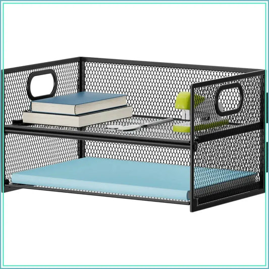 2 Tier Mesh Paper Organizer Letter Tray with Handle, File Sorter for Home Office Desk - Black from PriceLows™