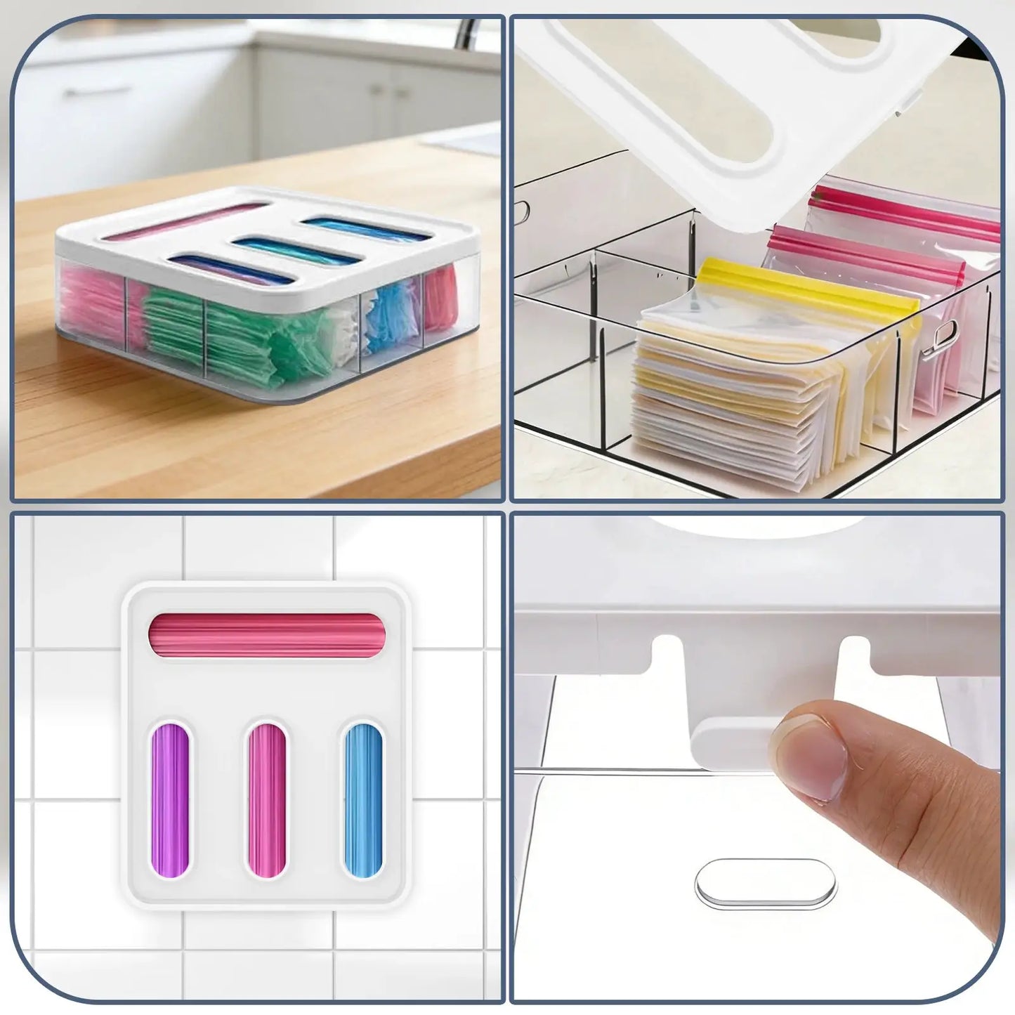 Food Storage Bag Organizer | 4 Compartment Dispenser | Clear Plastic | Dispenser