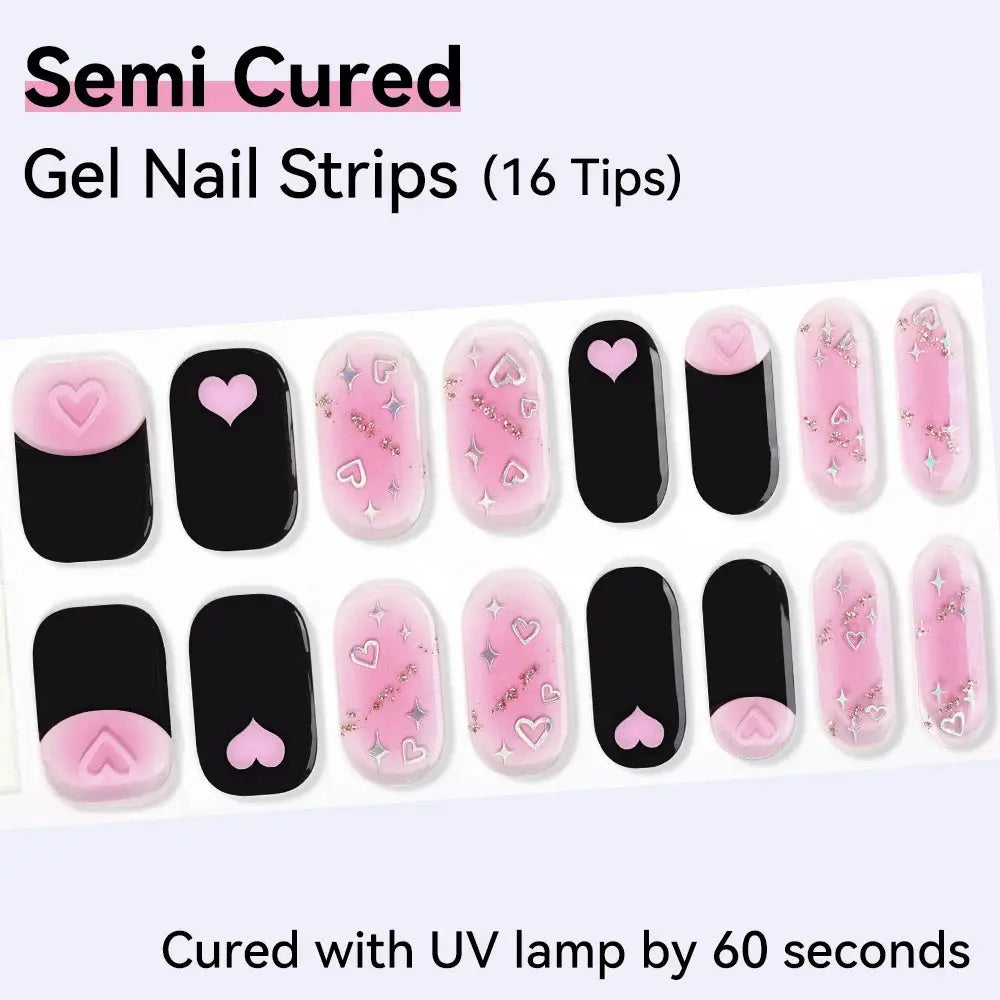 16strips Cartoon UV/LED Semi Cured Gel Nail Strips Pink Glitter Cat Eye Self-Adhesive Gel Nail Wraps Full Cover UV Nail Sticker from PriceLows™