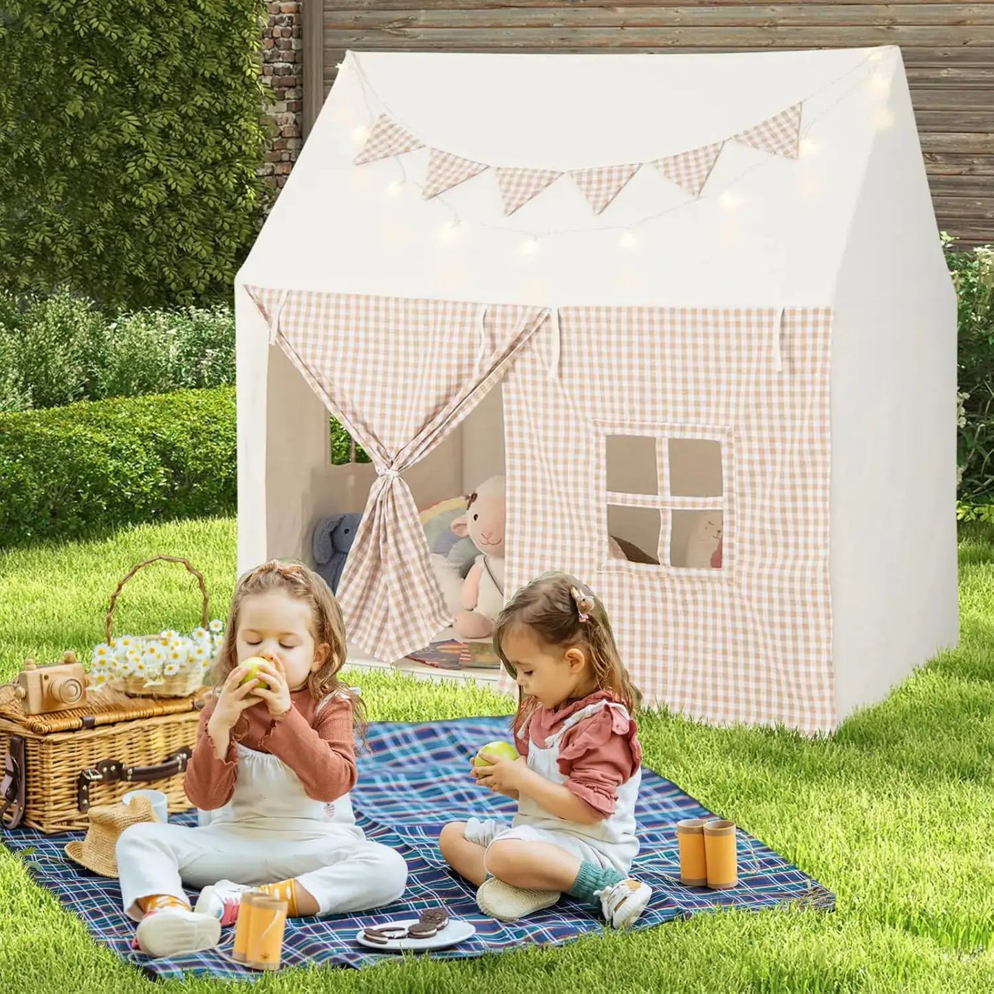 Kids Play Tent w/Padded Mat, Star Lights, Flags, Windows & Storage Pocket, Indoor Outdoor Playhouse for Toddlers, 49" x 39.5" x from PriceLows™