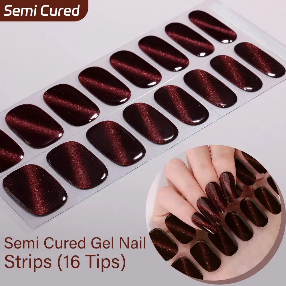 16strips Cartoon UV/LED Semi Cured Gel Nail Strips Pink Glitter Cat Eye Self-Adhesive Gel Nail Wraps Full Cover UV Nail Sticker from PriceLows™