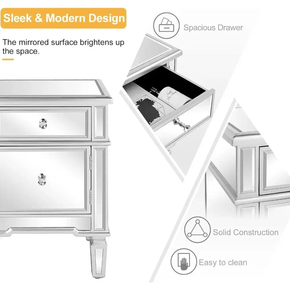 Nightstands Set of 2 Mirrored Side Tables Glass End Table with Drawer for Bedroom, Silver from PriceLows™
