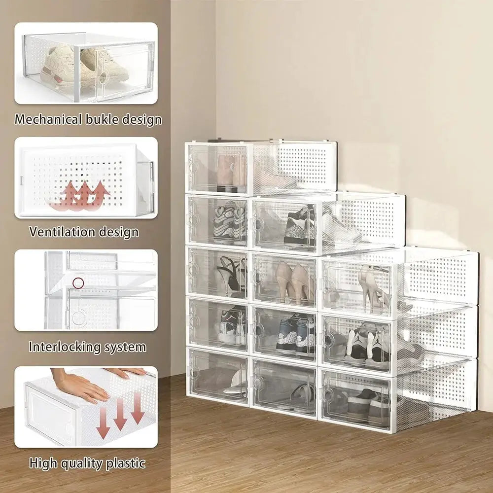 12-Pack Transparent Plastic Stackable Shoe Storage Boxes for Closet Linked Design Sports Shoe Organizers Foldable Shoe Racks from PriceLows™