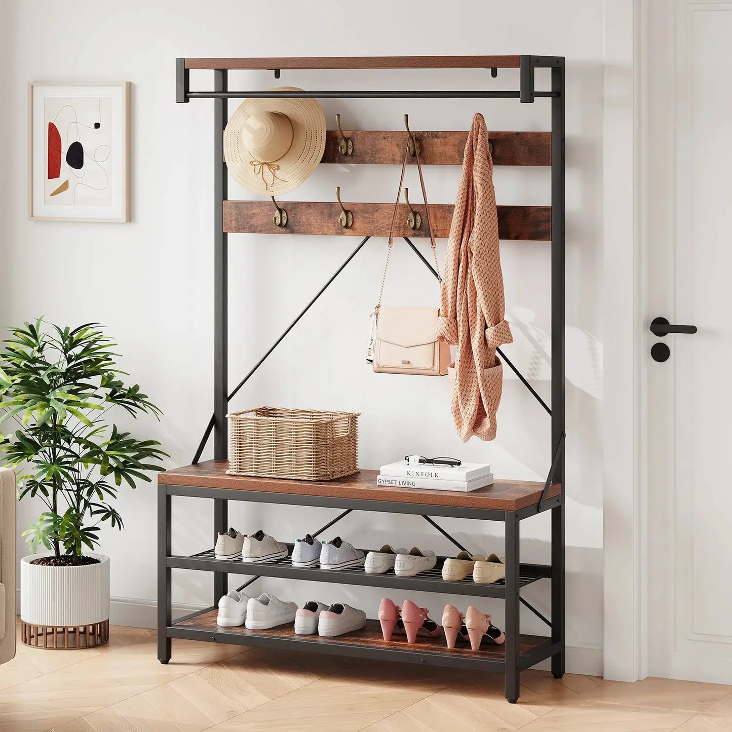 72Inch Tall Coat Rack 5-in-1 Shoe Rack Shoe Bench with Storage shelves 8 Hooks Industrial Accent Furniture Hallway Organizer from PriceLows™