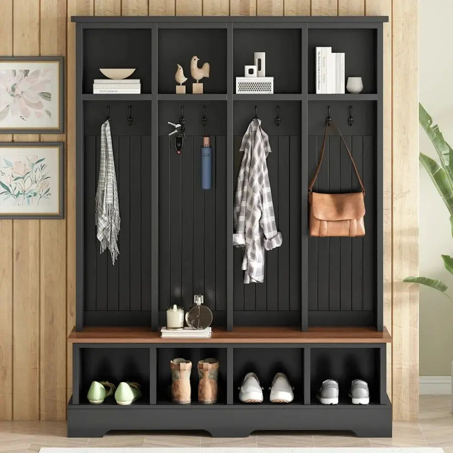 Farmhouse Hall Tree with 8 Hooks Practical Entryway Bench with Open Compartments 76.7"H Modern 3-in-1 Wooden Style Coat and Sho from PriceLows™