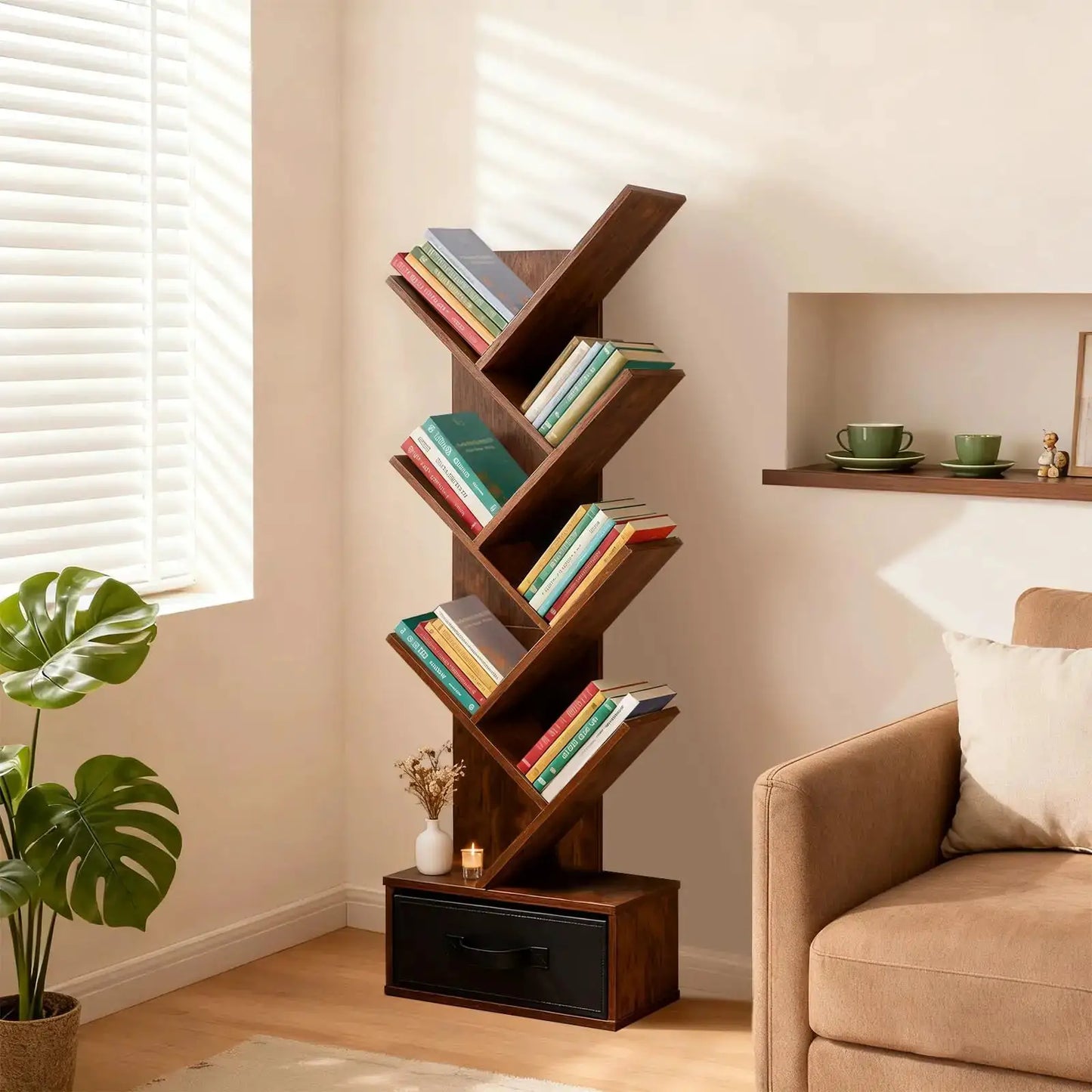 7 Tier Tree Bookshelf With Storage Drawer Floor Standing Bookcase For Books CDs Movies Brown from PriceLows™