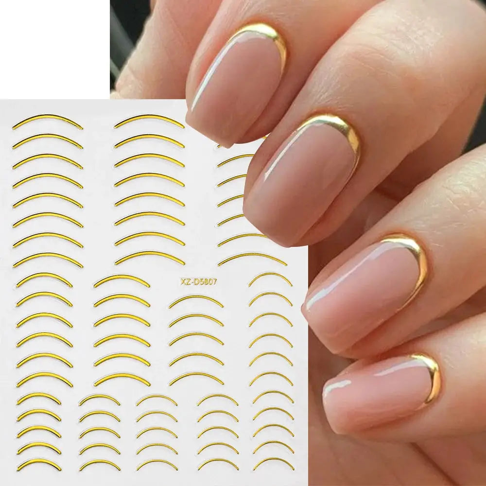 12Sheets Gold Metal Stripe Wave Nail Decals 3D Bronzing French Line/C Curve Stripe Nail Stickers 8*10cm Gold Line Nail Art Suppl from PriceLows™