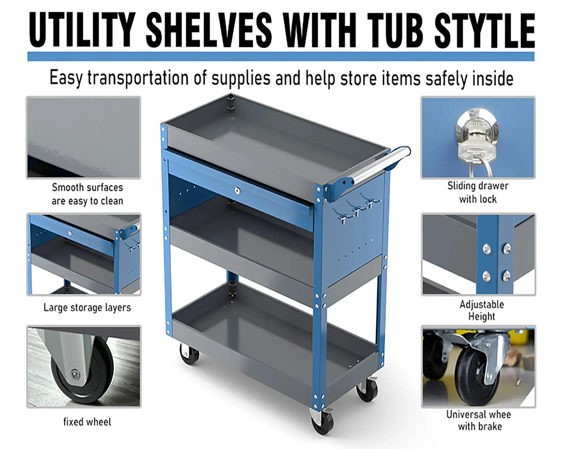 AIRAJ 3 Tier Rolling Tool Cart on Wheels,Metal Heavy Duty Mechanic Cart with Drawers and Pegboard,Industrial Utility Cart from PriceLows™