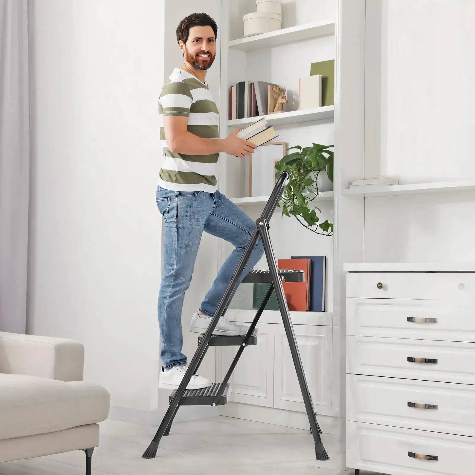 JHK Folding 2/3 Step Ladder Stool with Anti-Slip Pedal 800lbs Capacity Sturdy Steel Portable Cushioned Handle for Kitchen Home from PriceLows™