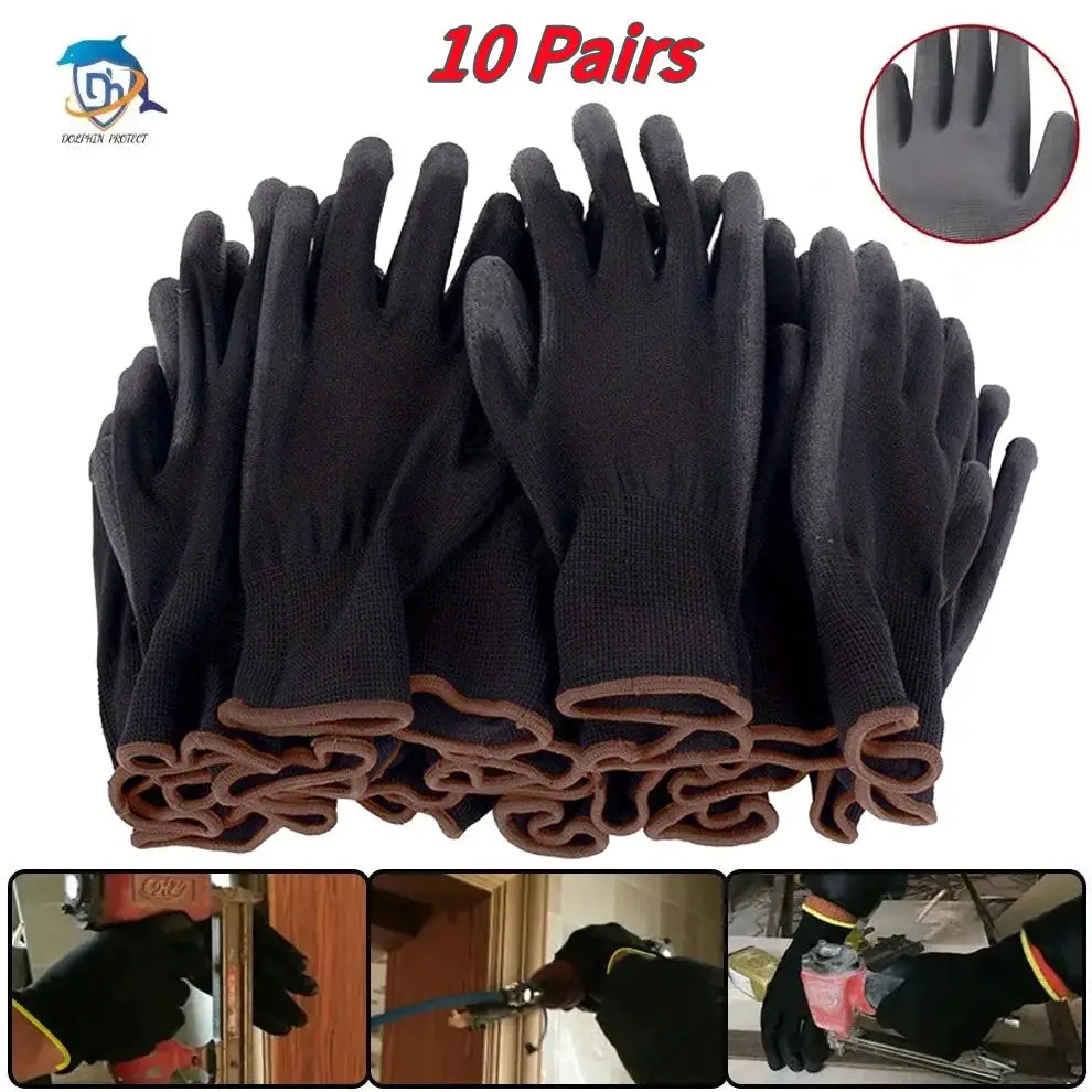 Durable Safety Gloves | Black Anti-Slip | Polyurethane Coated | 10 Pair Pack