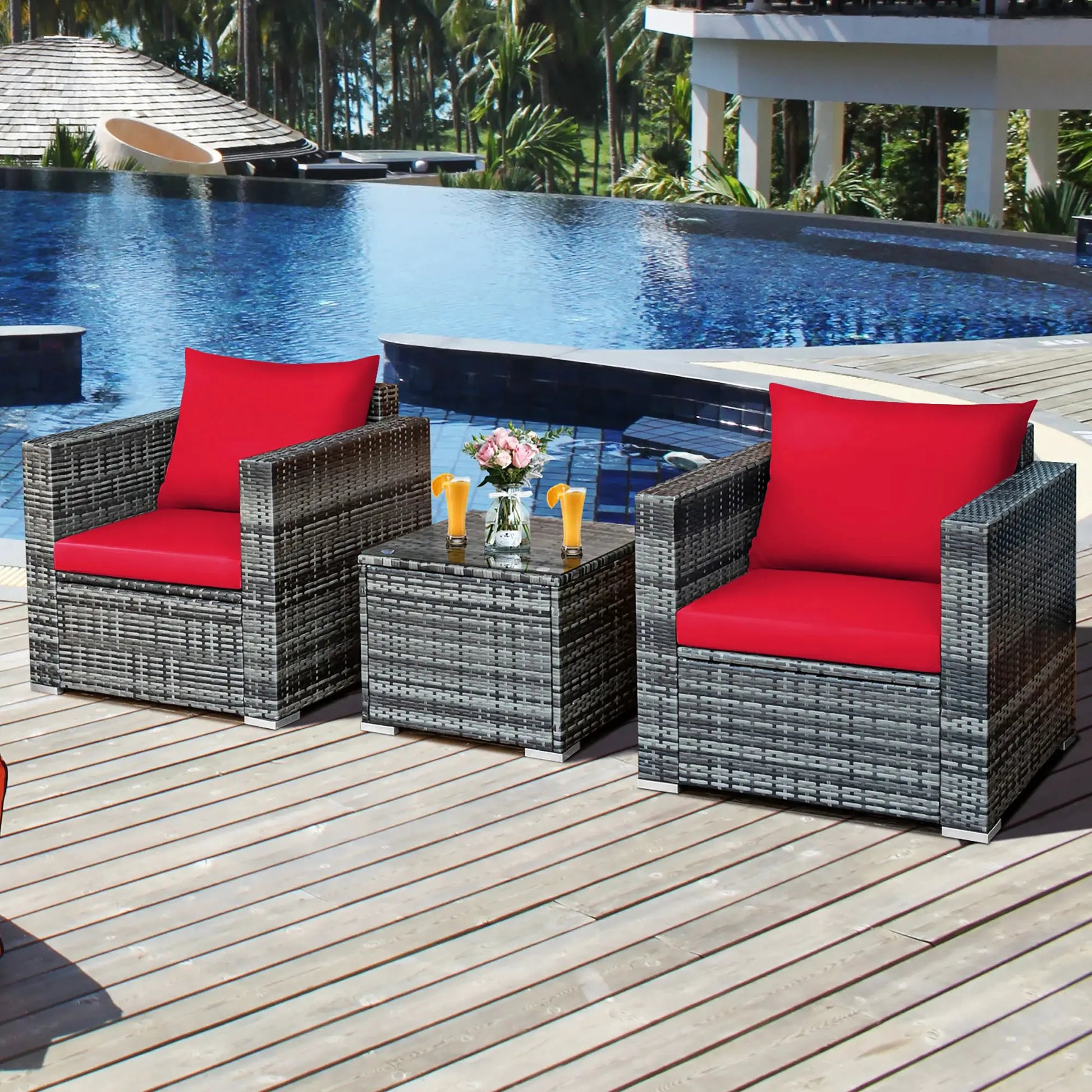 3 PC Patio Rattan Furniture Bistro Set Cushioned Sofa Chair Table Red from PriceLows™