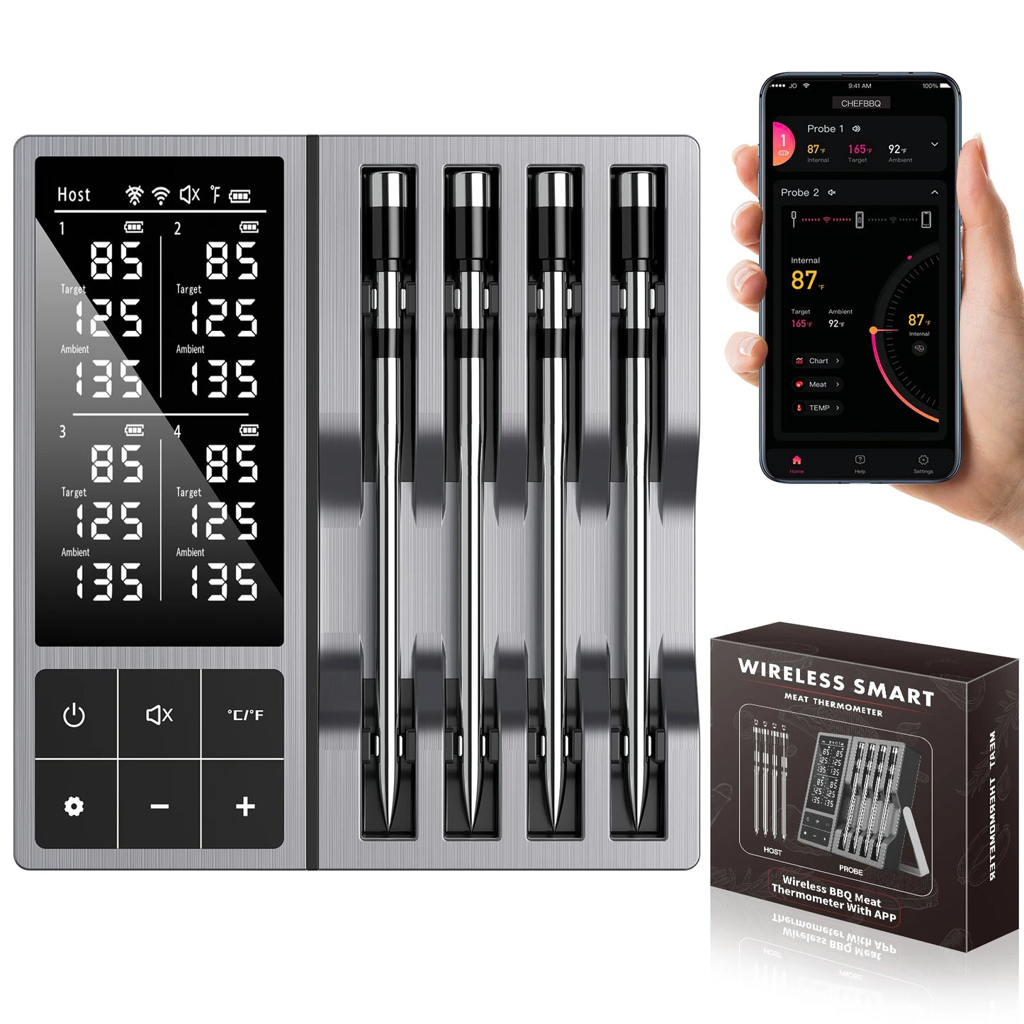 Wireless Meat Thermometer | 4 Probes | Bluetooth 5.2 | One Size