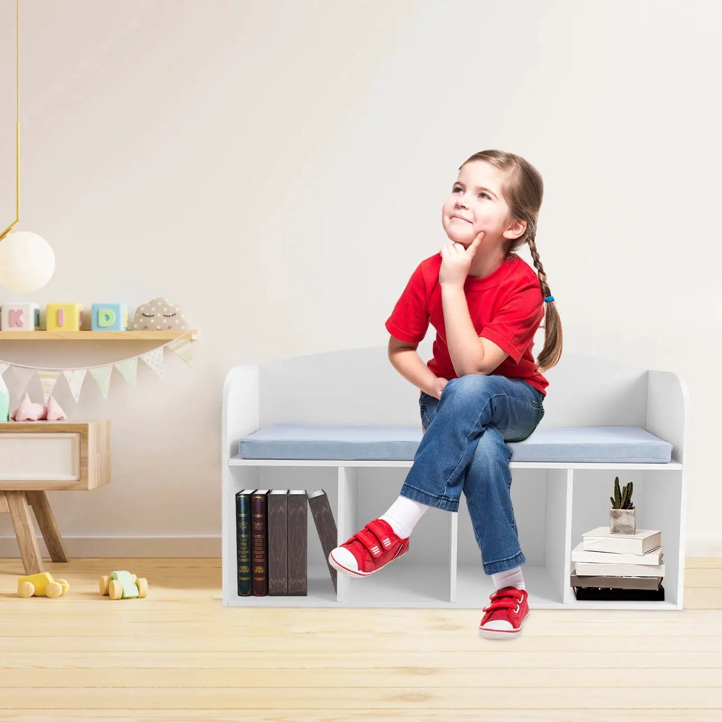 Kids Bookshelf with Reading Nook - Soft Cushioned Corner Bench, 5-Tier Book Display & Storage Organizer, Space-Saving Bookcase from PriceLows™