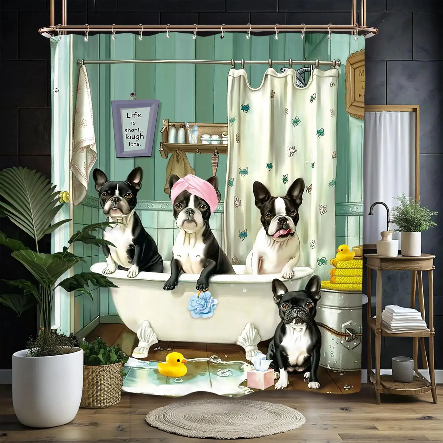 Funny Dog Shower Curtain Set Bathroom Bulldog Labrador Vintage Retro Hilarious Animal Waterproof Bathroom Curtain with 12 Hooks from PriceLows™