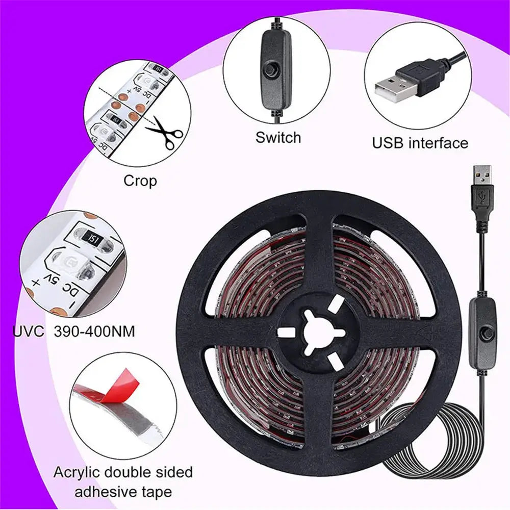 UV Led Strip light 5V UVA Light 395-405nm SMD2835 Ultraviolet Ray LED Diode Ribbon Purple Tape Lamp USB With Switch 60LEDs/m from PriceLows™